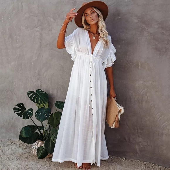 White Boho Deep V Open Back Maxi Cover Up Dress w/ Pockets - Picture 8 of 13
